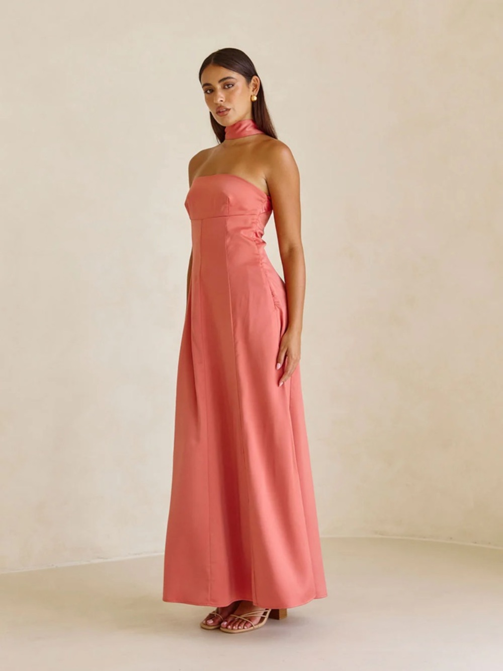 SABO Skit Strapless Coral Maxi Dress with Neck Sash